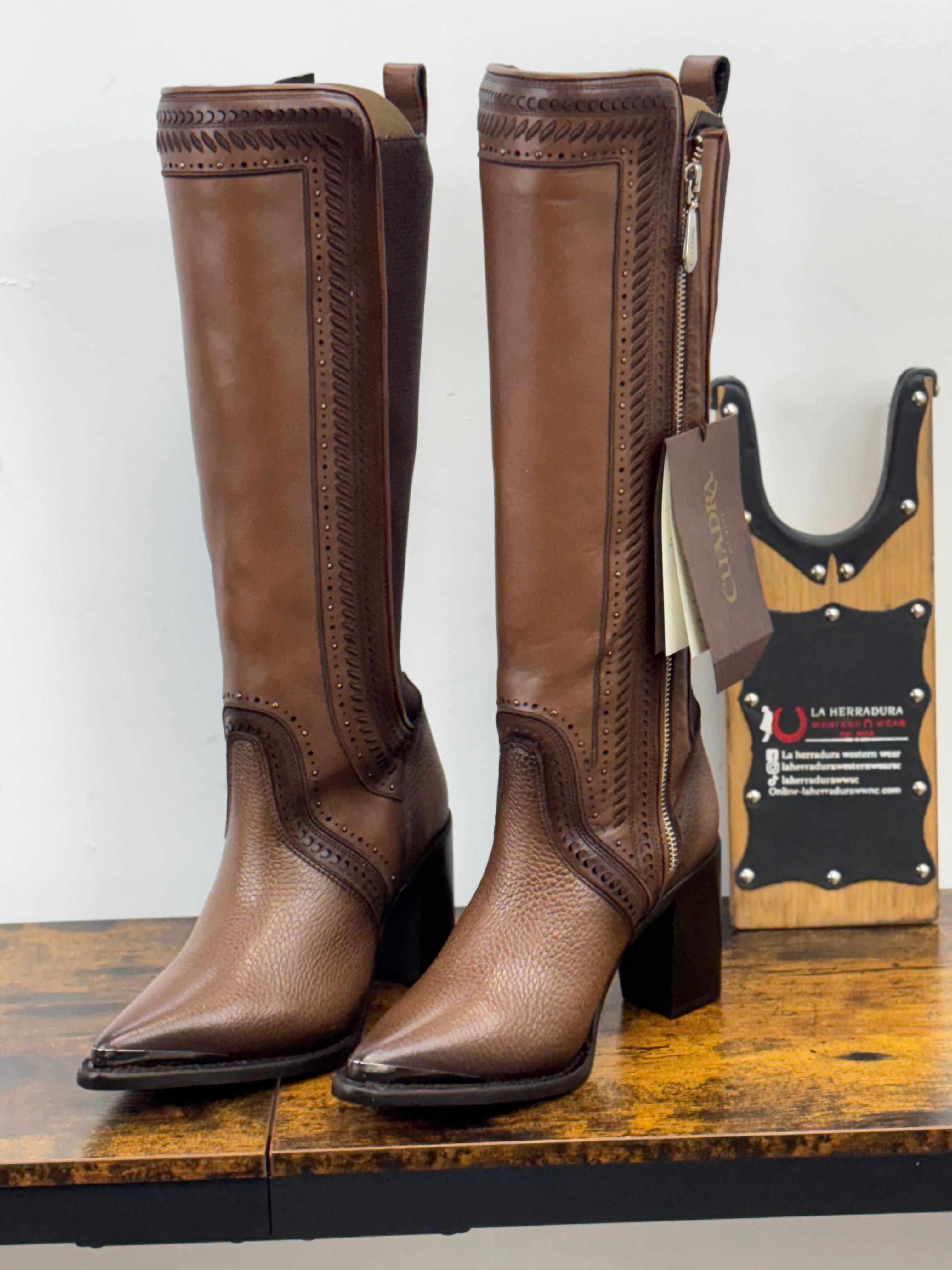 WOMEN’S CUADRA TALL BOOT BROWN LASER & WOVEN & ZIPPER POINTED TOE