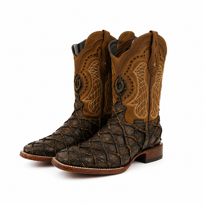 LA HERRADURA ESTAMPADO DE HOMBRE DANIEL PIRARUCU CEPILLO PAJA MATE/LOCO PIEL TAN PUNTA CUADRADA BOTAS NUEVAS