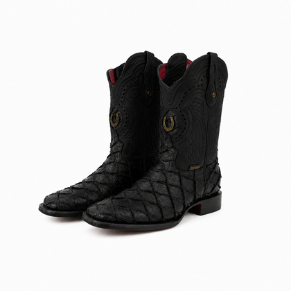 LA HERRADURA MENS PRINT DANIEL PIRARUCU NEGRO MATE/NOBUCK NEGRO ROJO SQUARE TOE NEW BOOTS