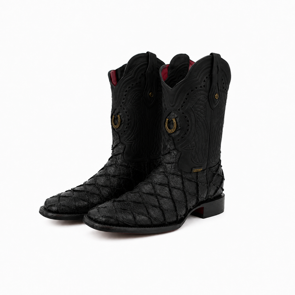 LA HERRADURA MENS PRINT DANIEL PIRARUCU NEGRO MATE/NOBUCK NEGRO ROJO SQUARE TOE NEW BOOTS