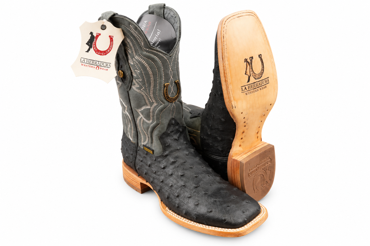LA HERRADURA MENS DANIEL   CLON AVESTRUZ NEGRO/ GAMUZA GRIS OXFORD/ S.ROJO SQUARE TOE BOOT