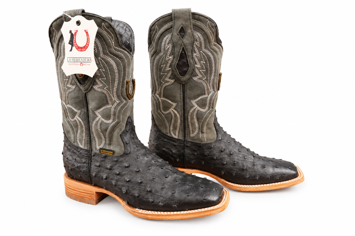 LA HERRADURA MENS DANIEL   CLON AVESTRUZ NEGRO/ GAMUZA GRIS OXFORD/ S.ROJO SQUARE TOE BOOT
