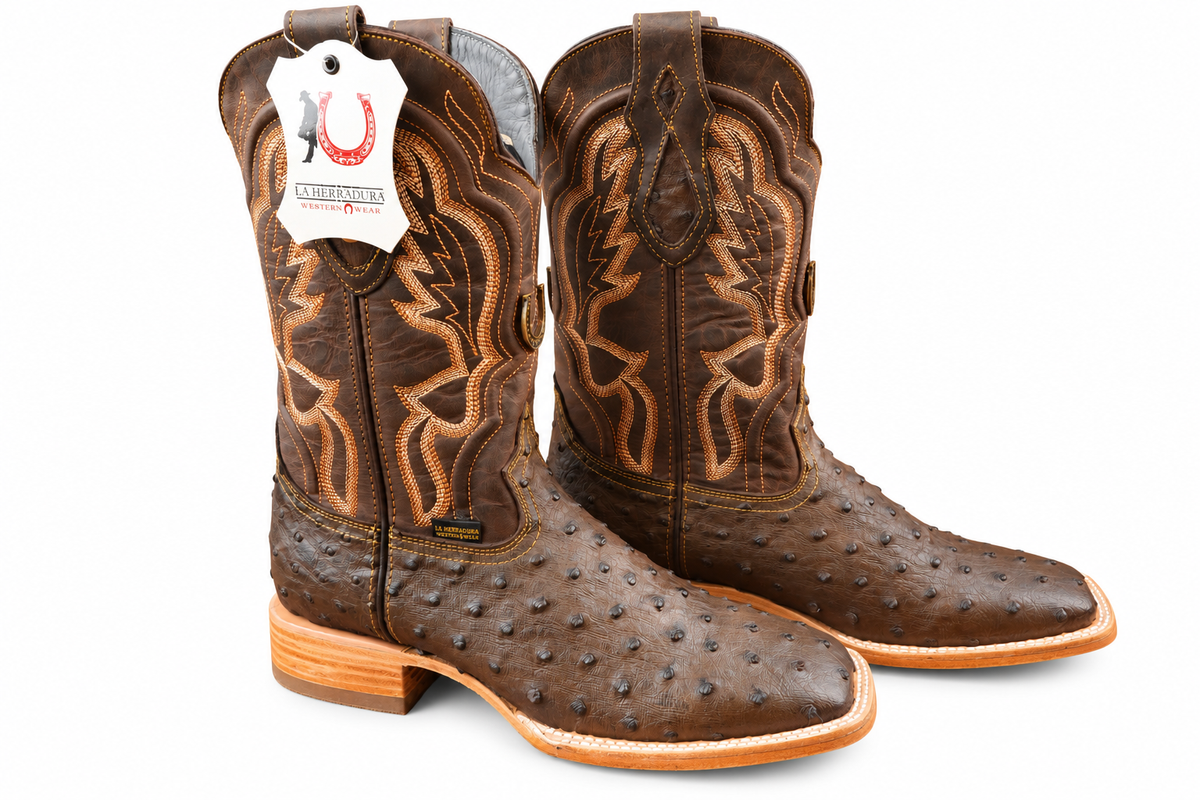 BOTA LA HERRADURA PARA HOMBRE DANIEL CLON AVESTRUZ COLOR CHOCO / PUNTA CUADRADA MARCA SILVERADO