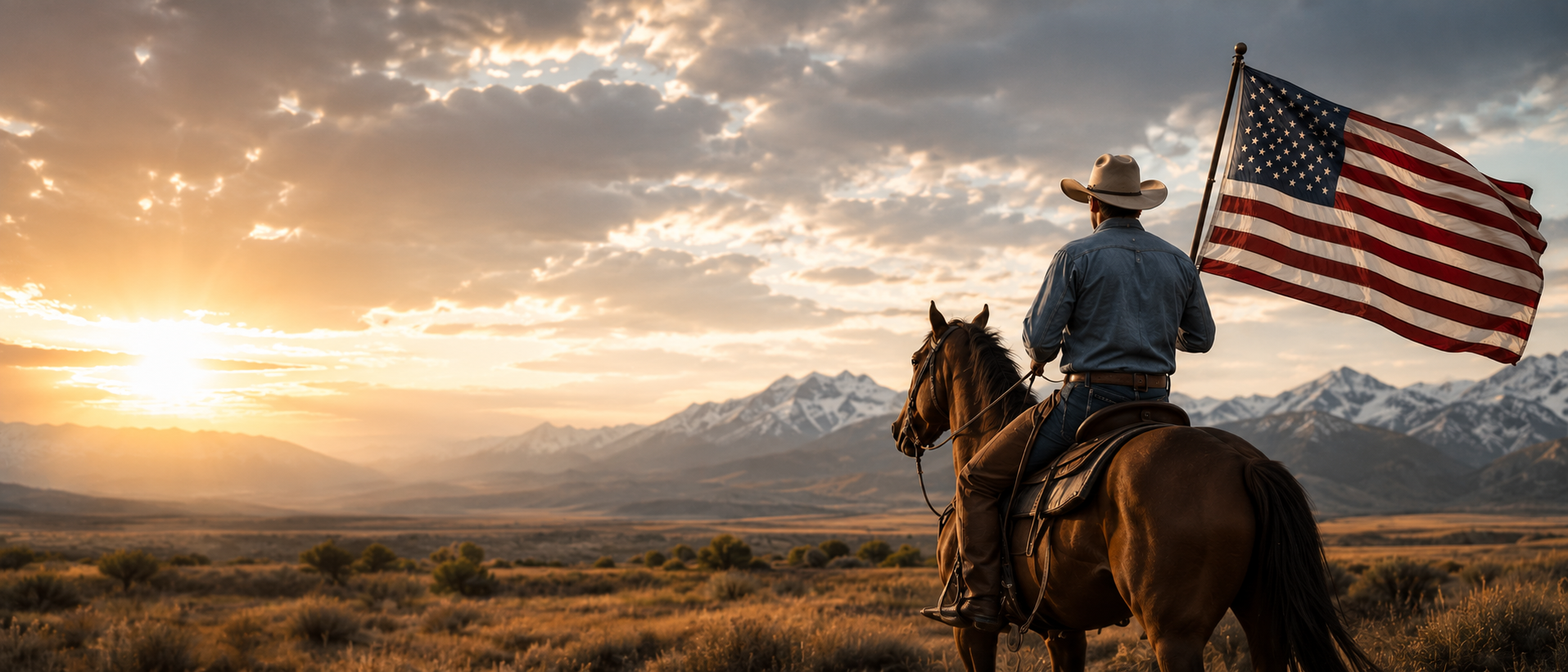 Man on horseback holding an American flag with a sunset 