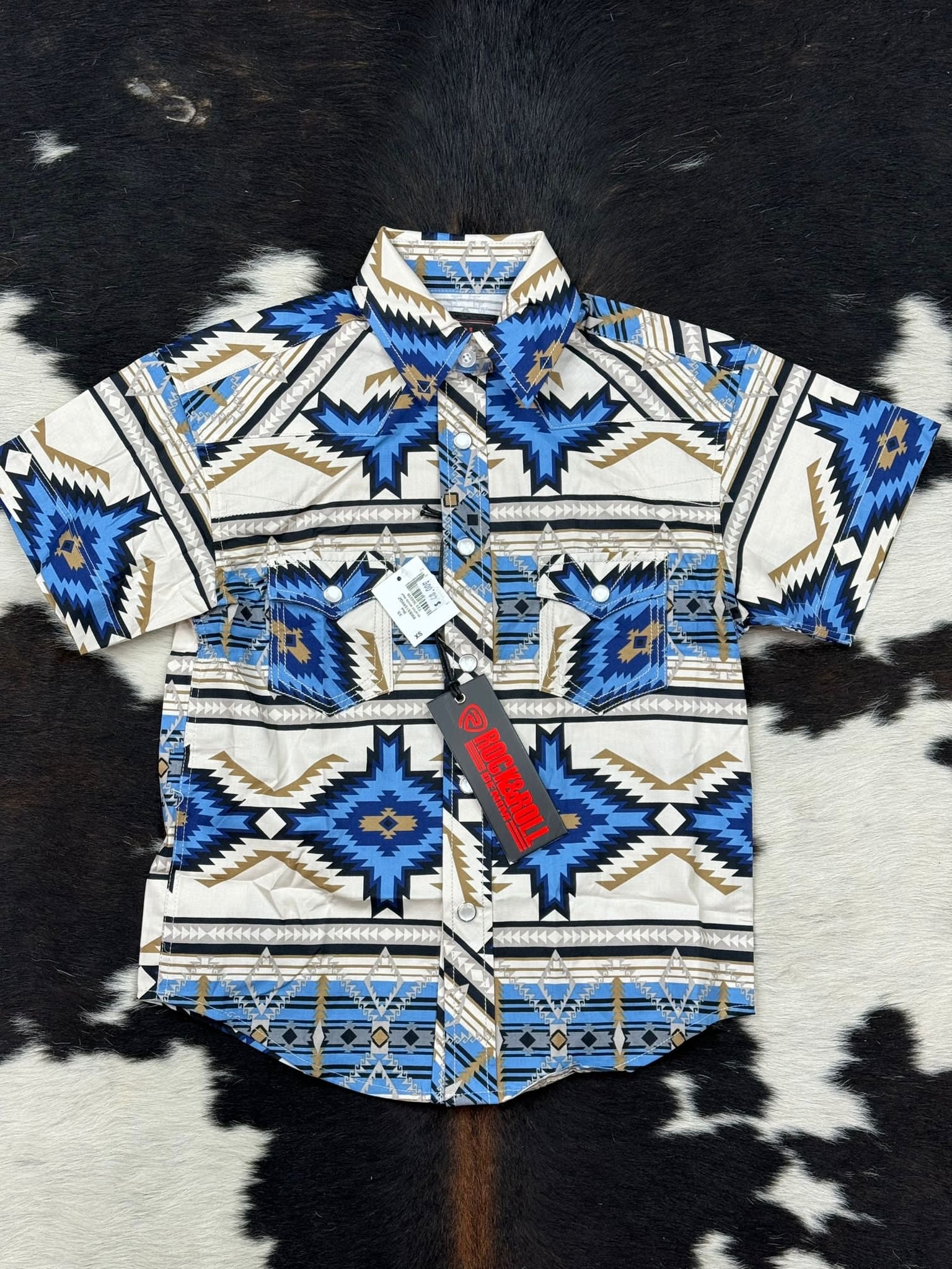 ROCK&ROLL BLUE/LIGHT TAN AZTEC SHORT SLEEVE SNAP