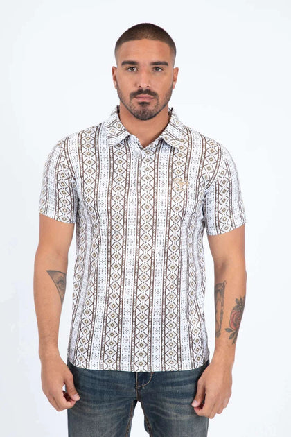 PLATINI MENS PERFORMANCE FABRIC MODERN FIT STRETCH AZTEC PRINT POLO WHITE  PGP11440
