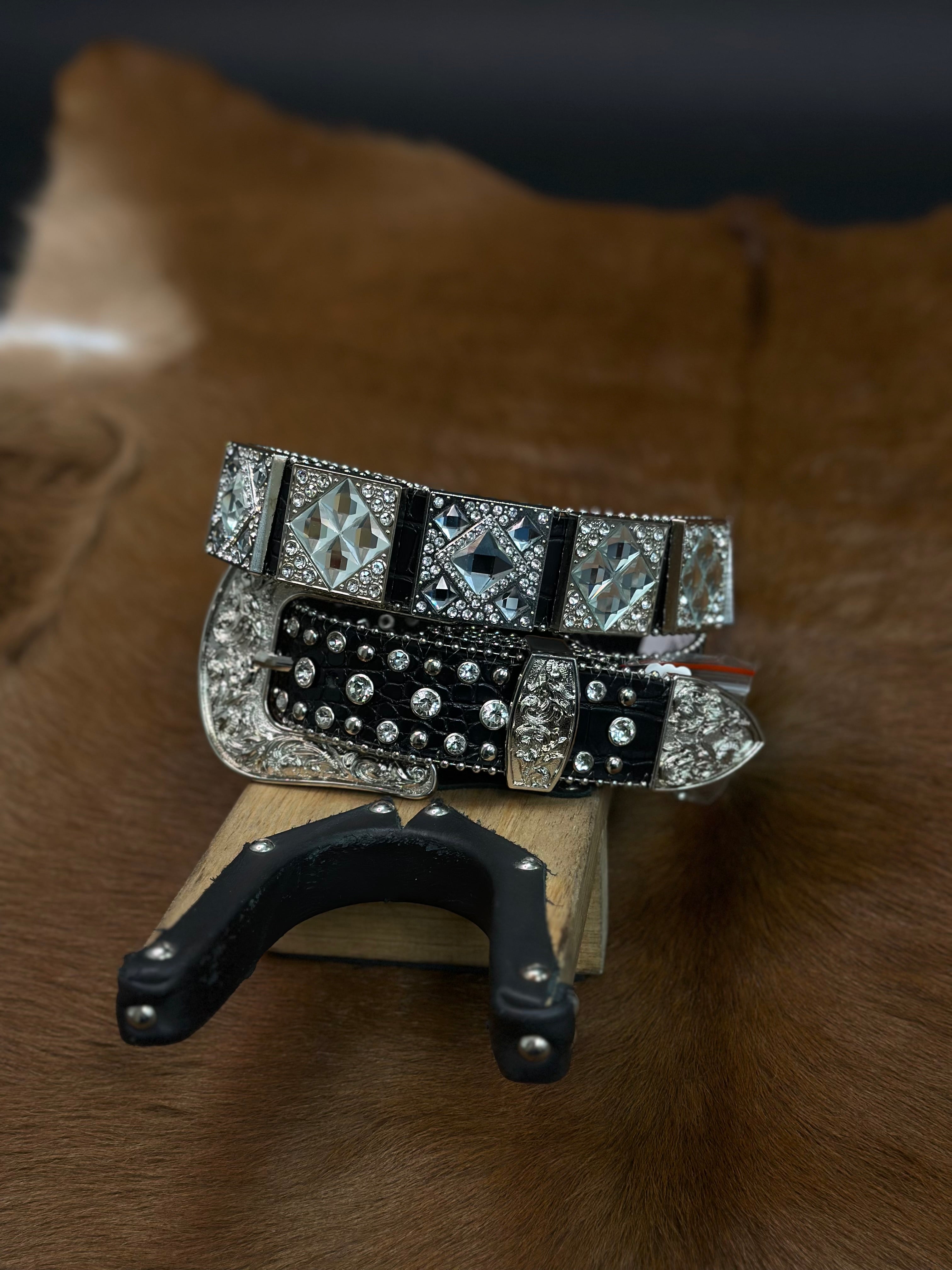 BLACK EXOTIC CLEAR BLING UNISEX BELT SILVER BUCKLE