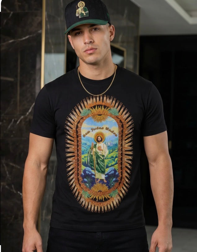 BARABAS MENS BLACK RELAXED FIT PRINTED T-SHIRT WITH EMBELLISHMENT SAN JUDAS TADEO 6TR04