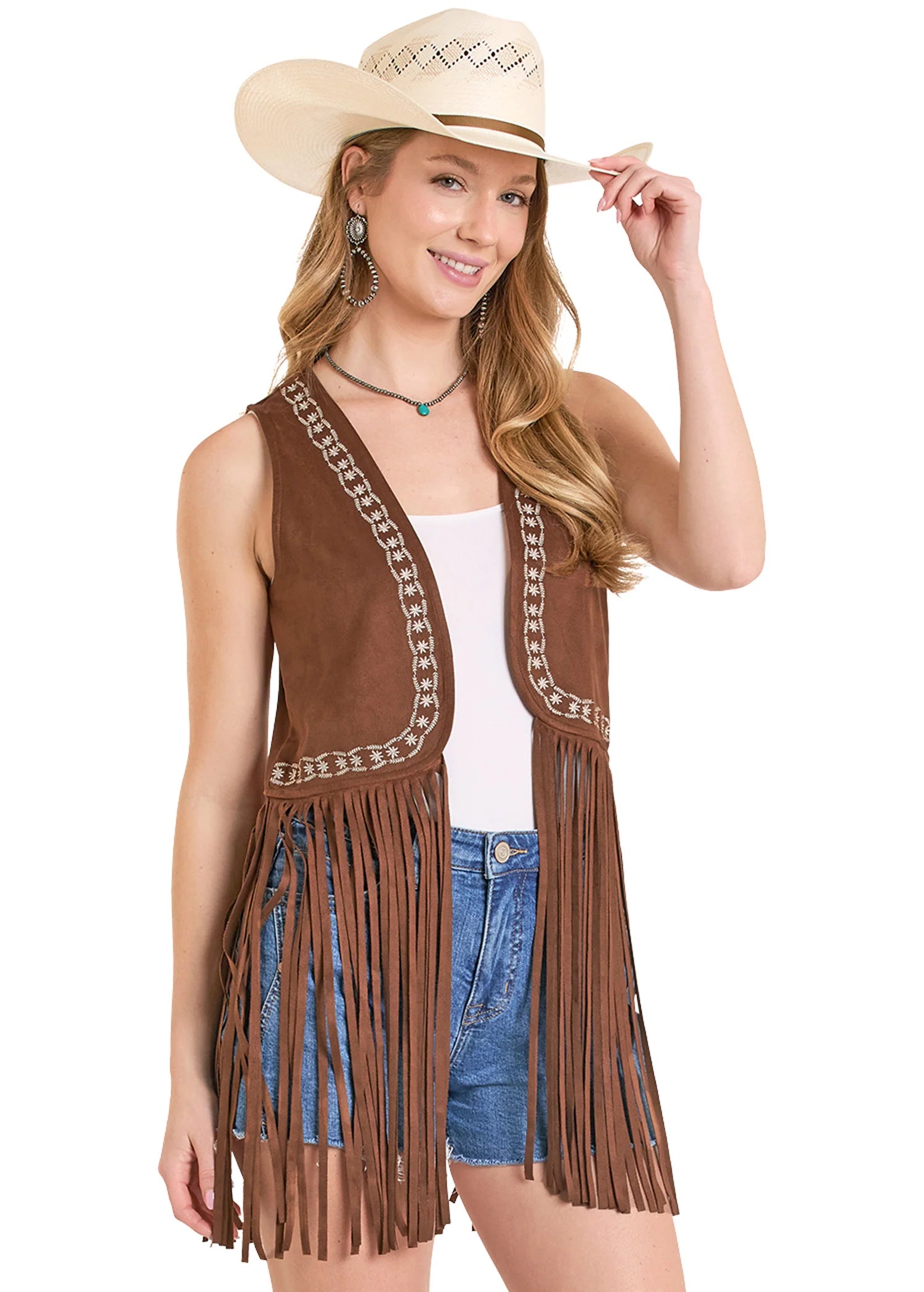 ROCK&ROLL EMBROIDERED FRINGE BROWN VEST -BW98C08110