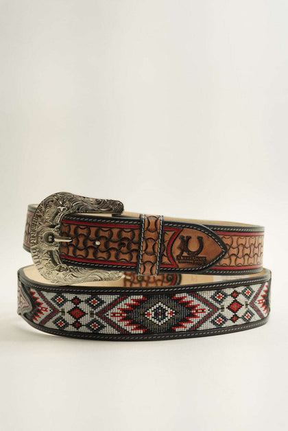 LA HERRADURA CINTURÓN DE 2 PULGADAS NEGRO ROJO/GRIS AZTECA NUEVO DISEÑO