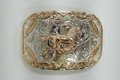 HEBILLA DE CABALLO CORRIENDO EN PLATA CON DISEÑOS DE COBRE