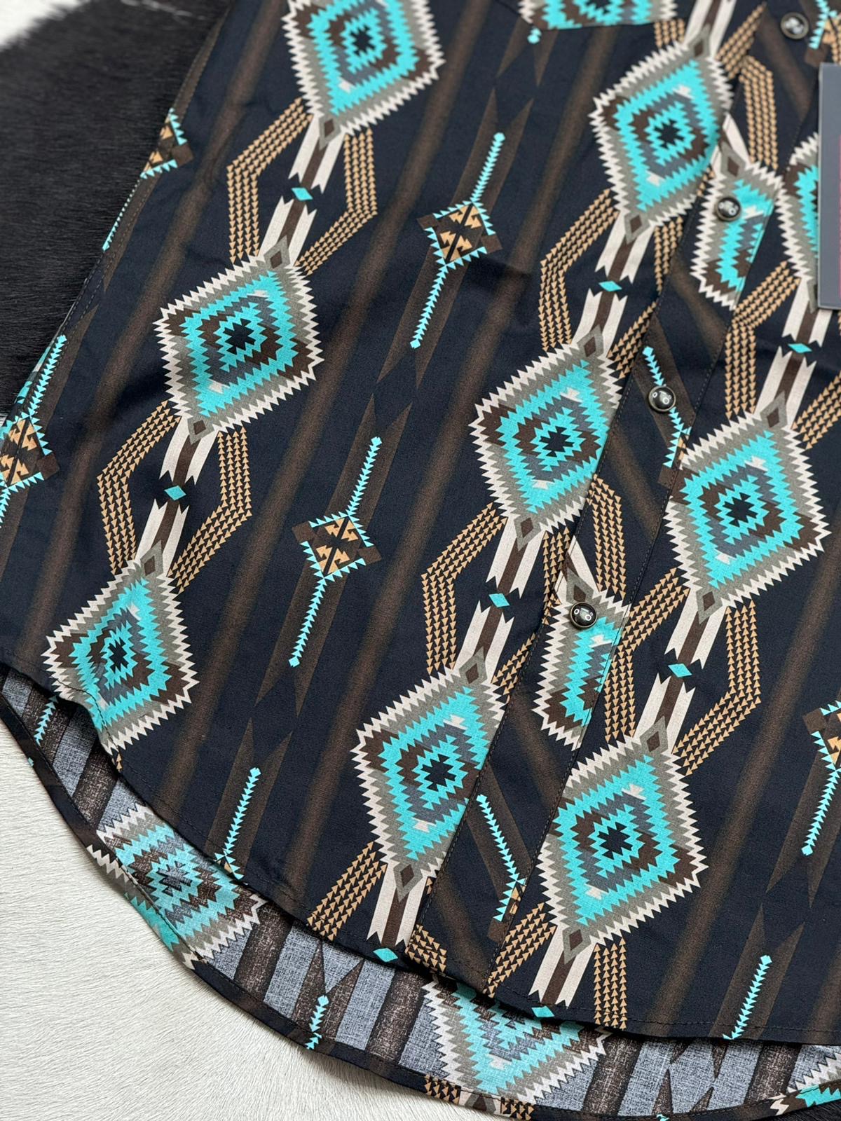 ROCK&ROLL BLACK AZTEC TEAL SNAP SHORT SLEEVE SHIRT