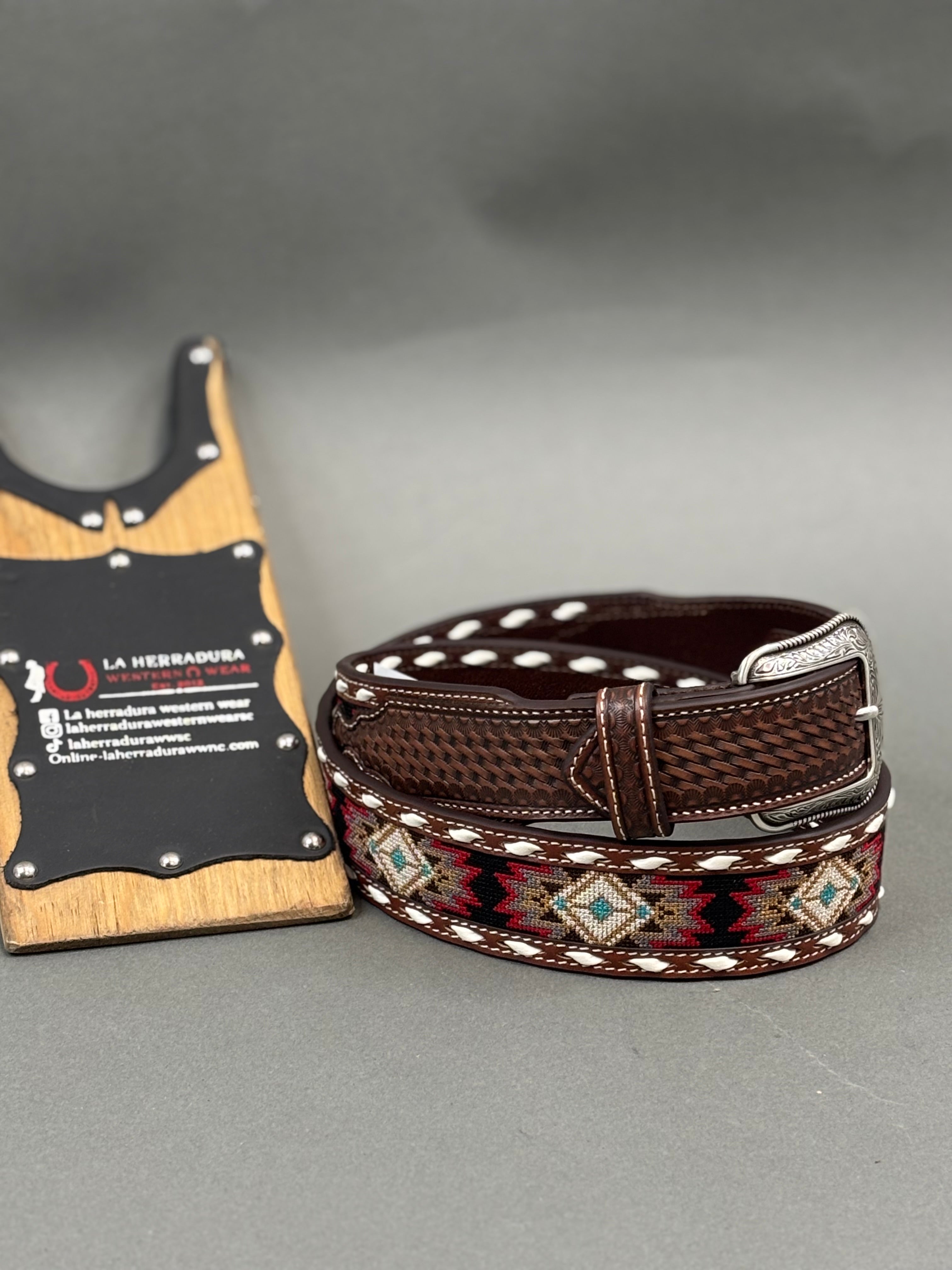 3D BELT COMPANY CINTURÓN AZTEC STITCHED RED BALCK WHITE DETAIL