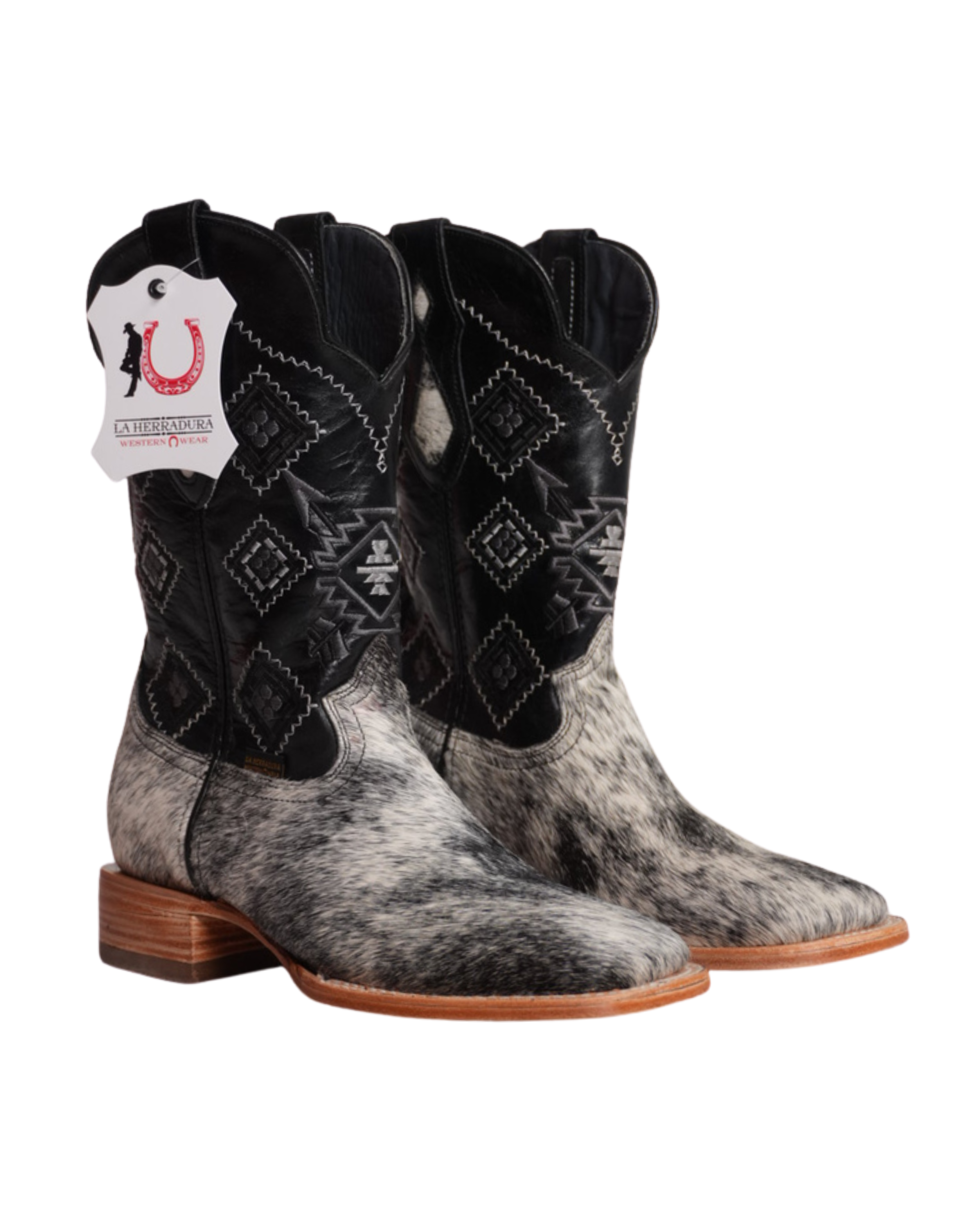 BOTA NUEVA DE HOMBRE LA HERRADURA DANIEL DE PIEL DE VACA CON PELO PINTO NEGRO BARZA AC NAT