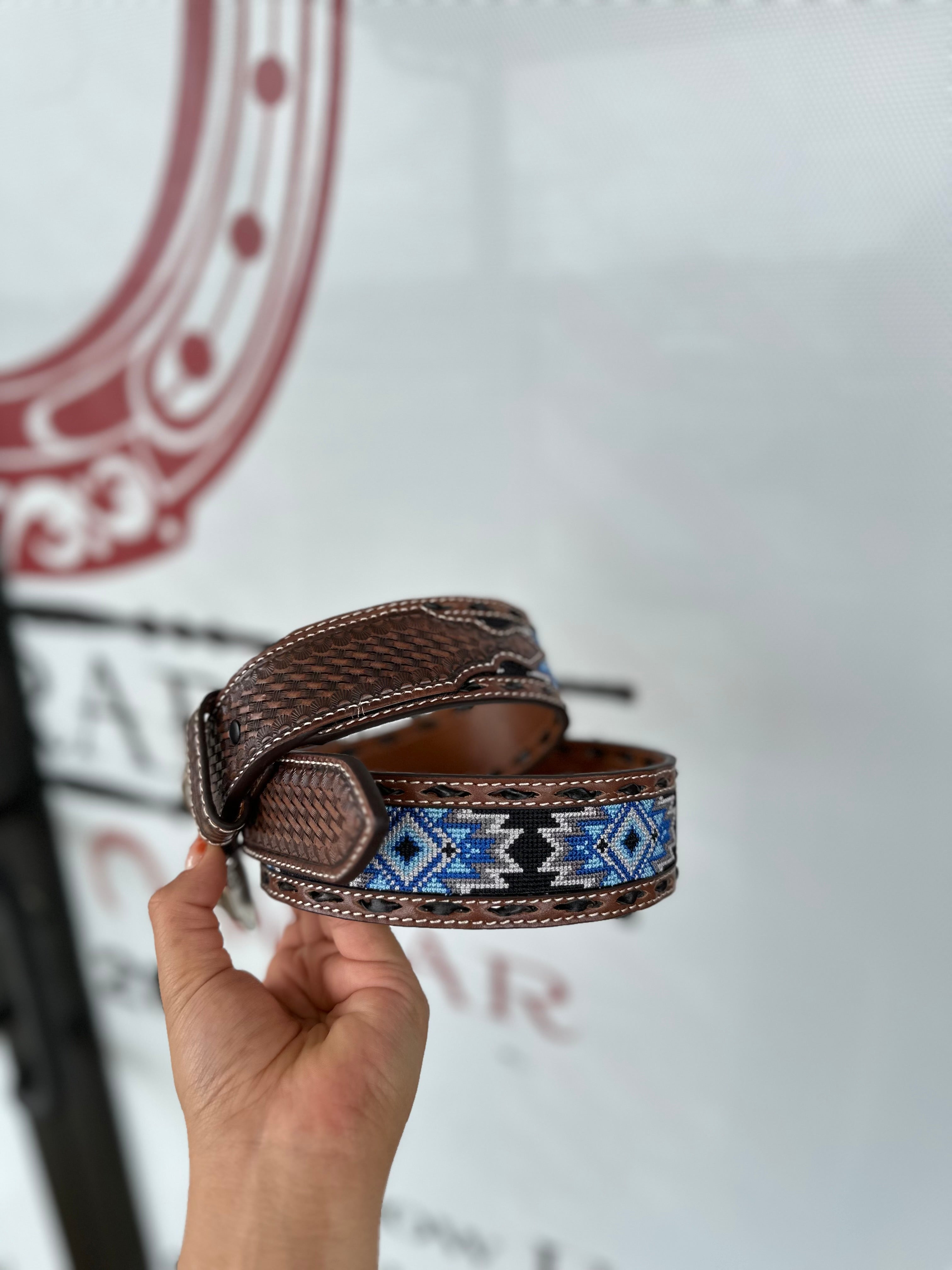 3D THREAD BLUE GREY DARK BROWN BELT