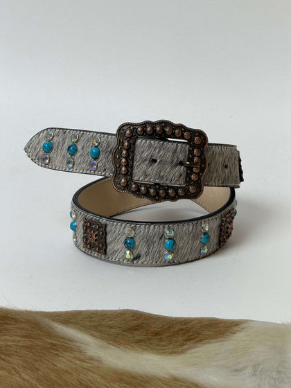 Cinturón de piel de vaca blanca con piedras turquesa para mujer LA HERRADURA