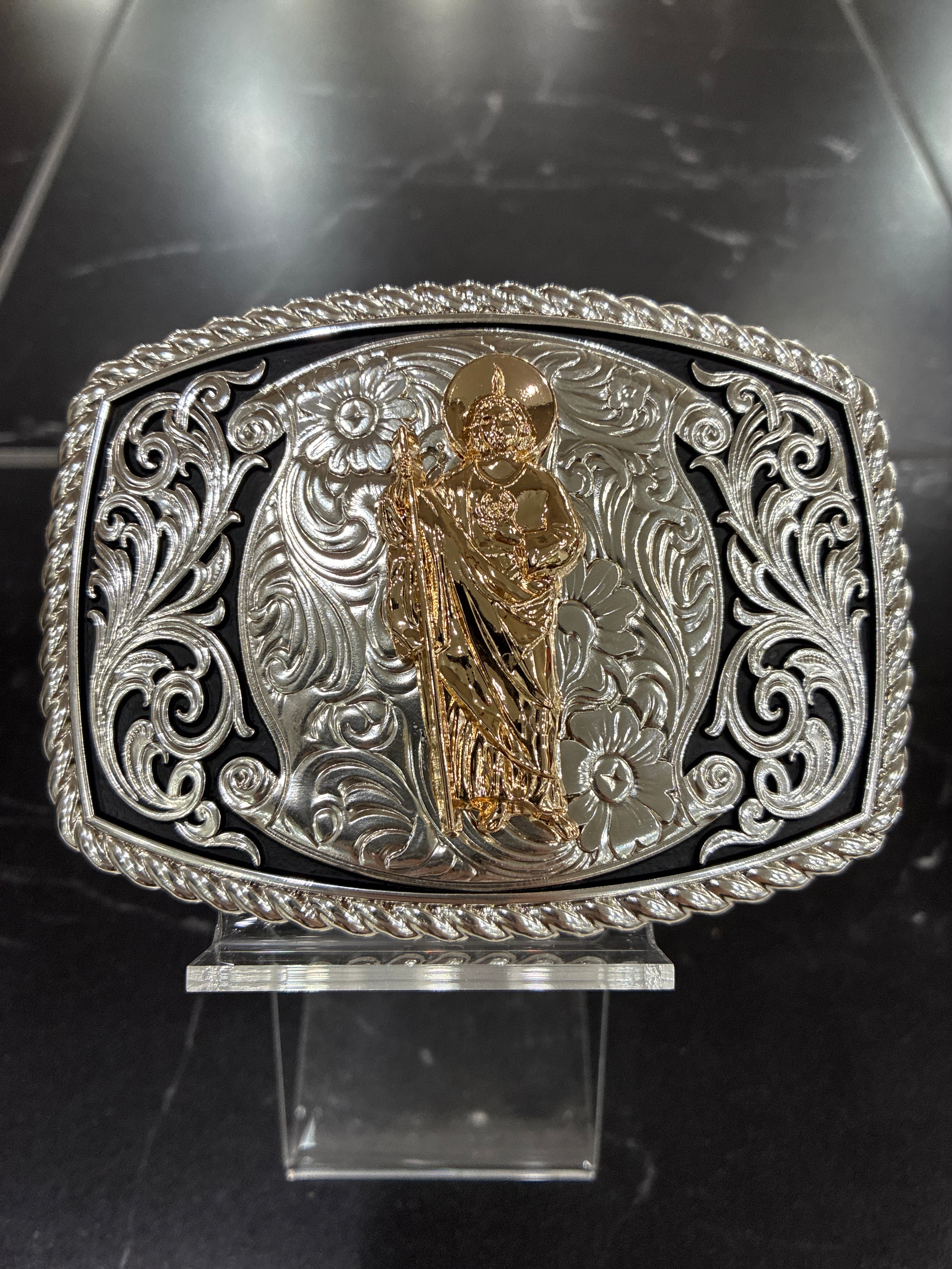 SILVER & BLACK SQUARED BUCKLE W/ GOLD SAN JUDAS