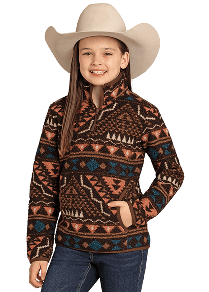 PAHANDLE SLIM CHOCOLATE  YOUTH GIRLS AZTEC BORDER BERBER PULLOVER DG91C06864