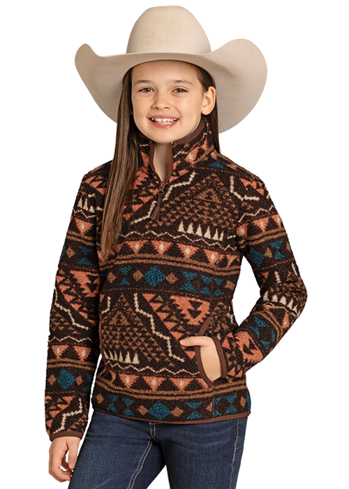 PAHANDLE SLIM CHOCOLATE  YOUTH GIRLS AZTEC BORDER BERBER PULLOVER DG91C06864