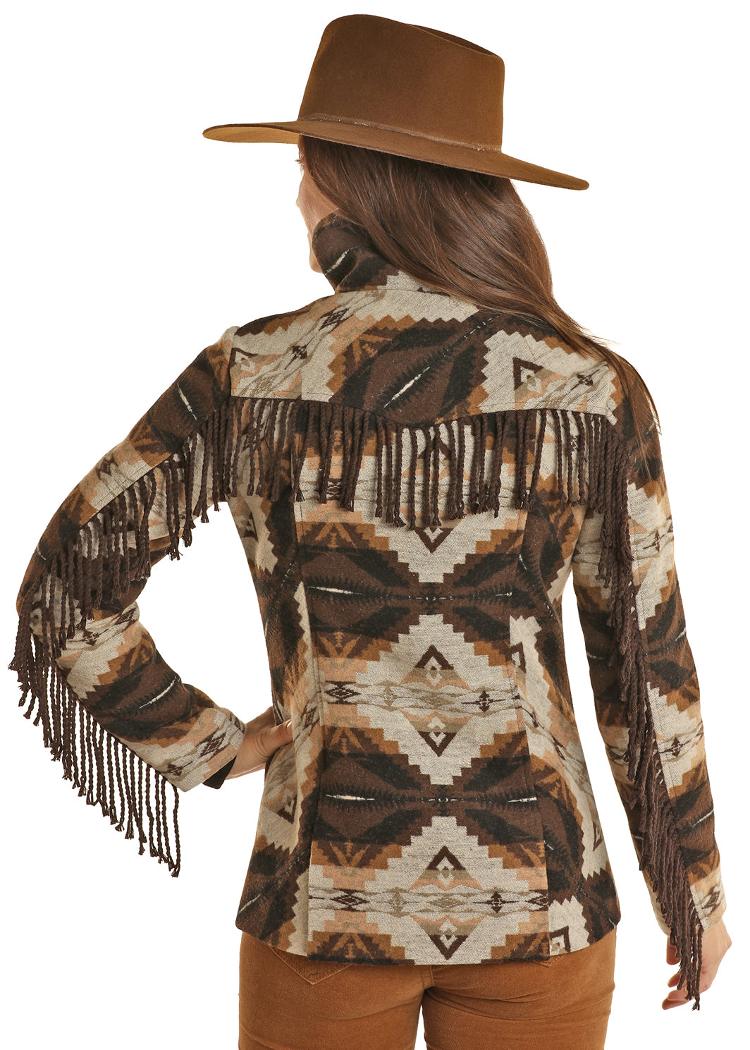 ROCK AND ROLL WOMEN AZTEC WOOL COAT W FRINGE DARK BROWN DW92C01500