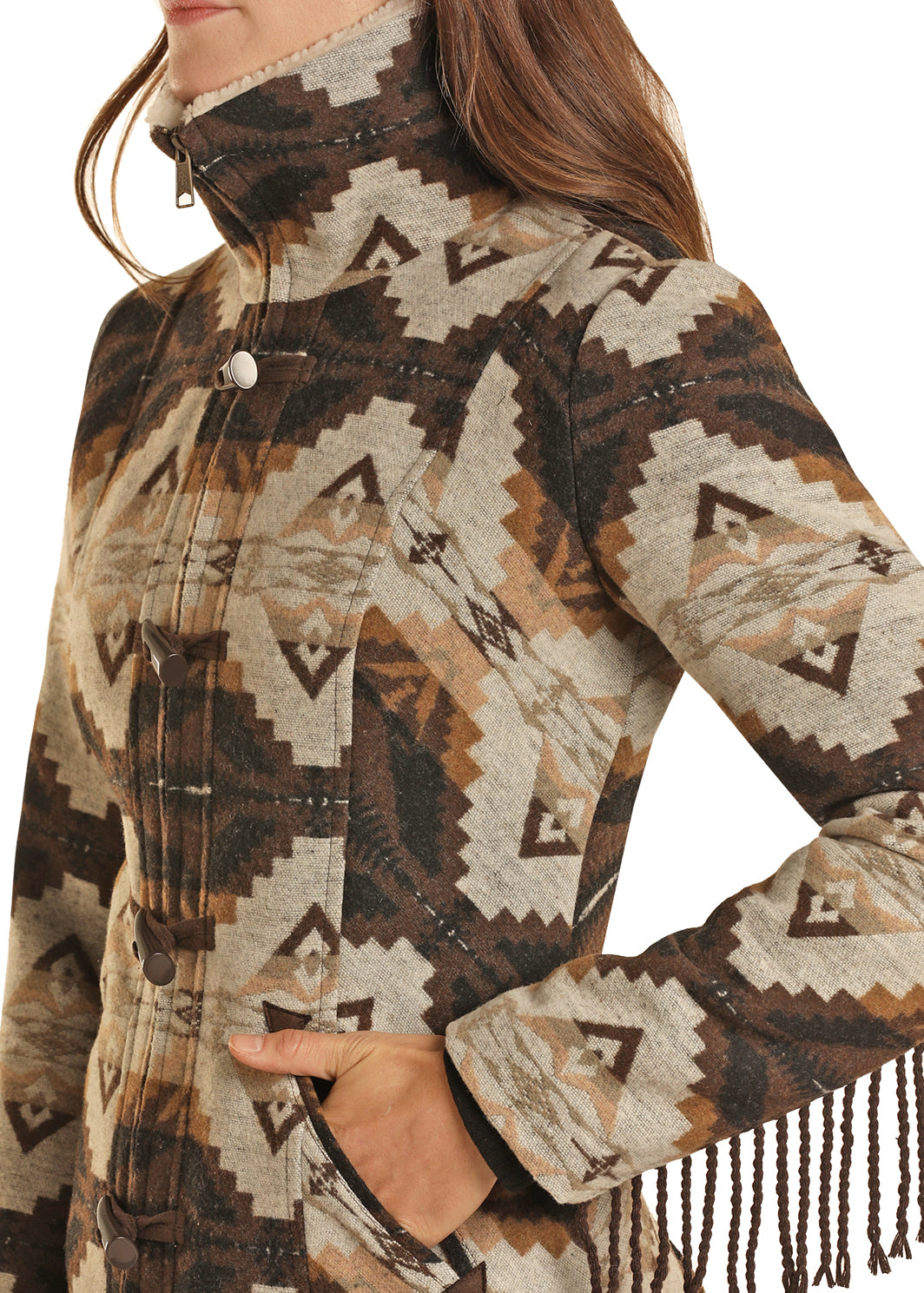 ROCK AND ROLL WOMEN AZTEC WOOL COAT W FRINGE DARK BROWN DW92C01500