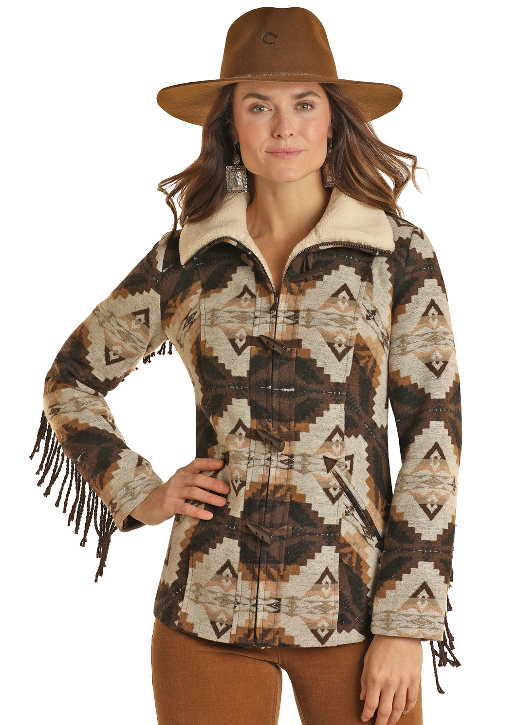 ROCK AND ROLL WOMEN AZTEC WOOL COAT W FRINGE DARK BROWN DW92C01500
