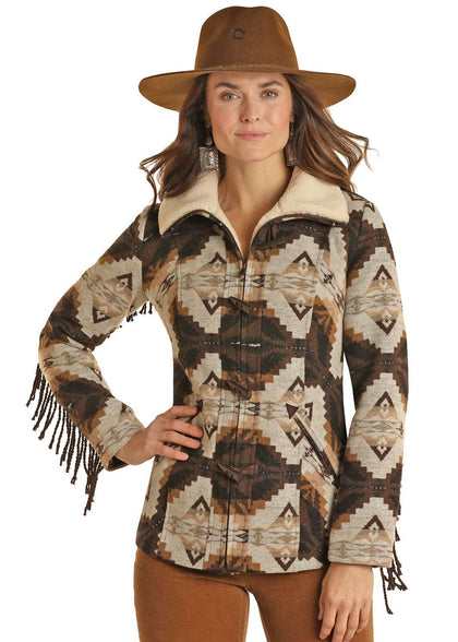 ABRIGO DE LANA AZTECA DE MUJER ROCK AND ROLL CON FLECOS MARRÓN OSCURO DW92C01500