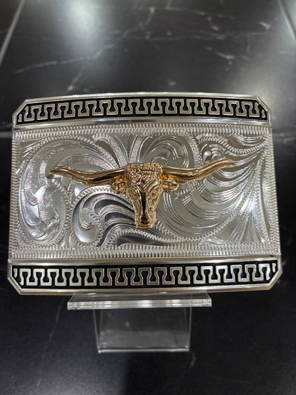RECTANGLE SILVER BUCKLE WITH GOLD LONGHORN BLACK TRIM