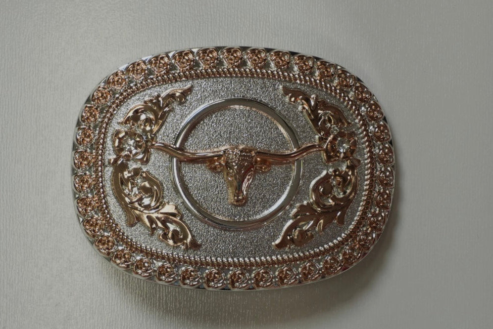 SILVER & ROSE GOLD LONGHORN ROUND BUCKLE
