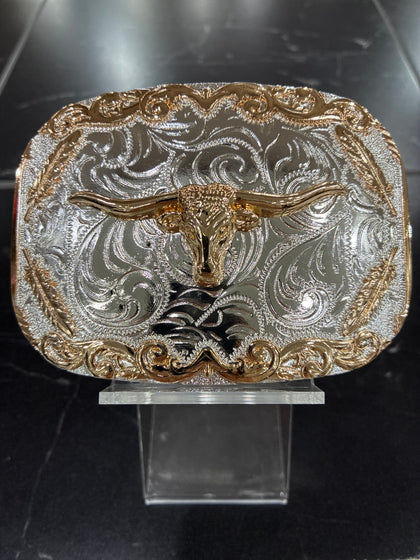 SILVER WITH COPPER DESIGNS LONGHORN BUCKLE