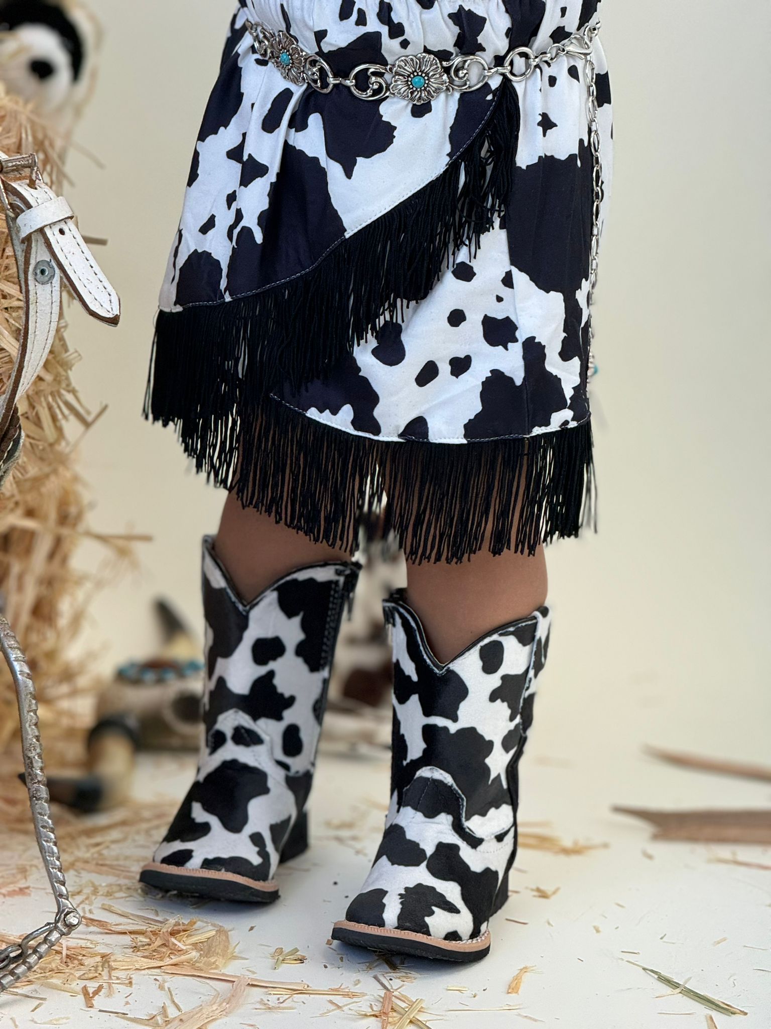 SHEA BABY BLACK COW PRINT FRINGE SKIRT TODDLER