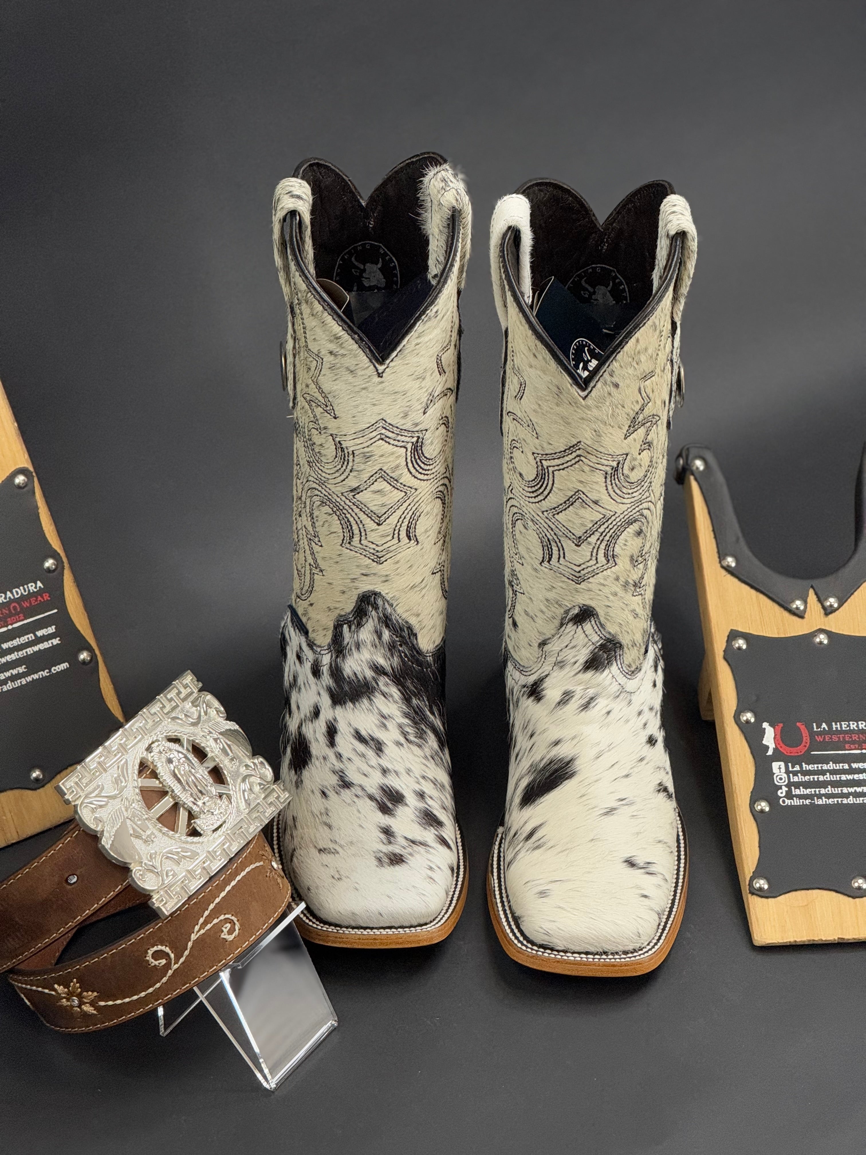 WOMENS KATHERINE BLACK & WHITE COWHIDE TOP BOOT (EVERY PAIR IS UNIQUE)