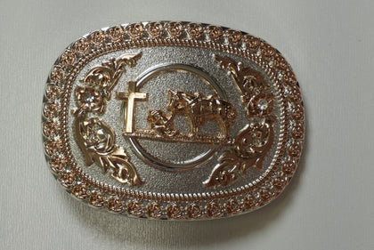 SILVER & ROSE GOLD PRAYING COWBOY ROUND BUCKLE