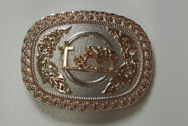 HEBILLA REDONDA VAQUERO REZANDO PLATA Y ORO ROSA