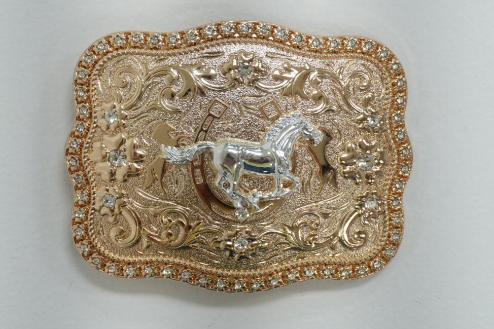SILVER & GOLD RUNNING HORSE WITH WHITE DIAMONDS ROUND CORNER BUCKLE