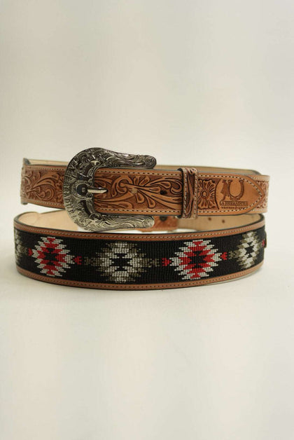 Cinturón La Herradura Aztec, color marrón rojizo claro con estampado gris, estilo western, nuevo diseño.