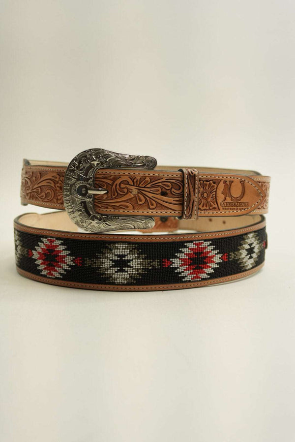 Cinturón La Herradura Aztec, color marrón rojizo claro con estampado gris, estilo western, nuevo diseño.