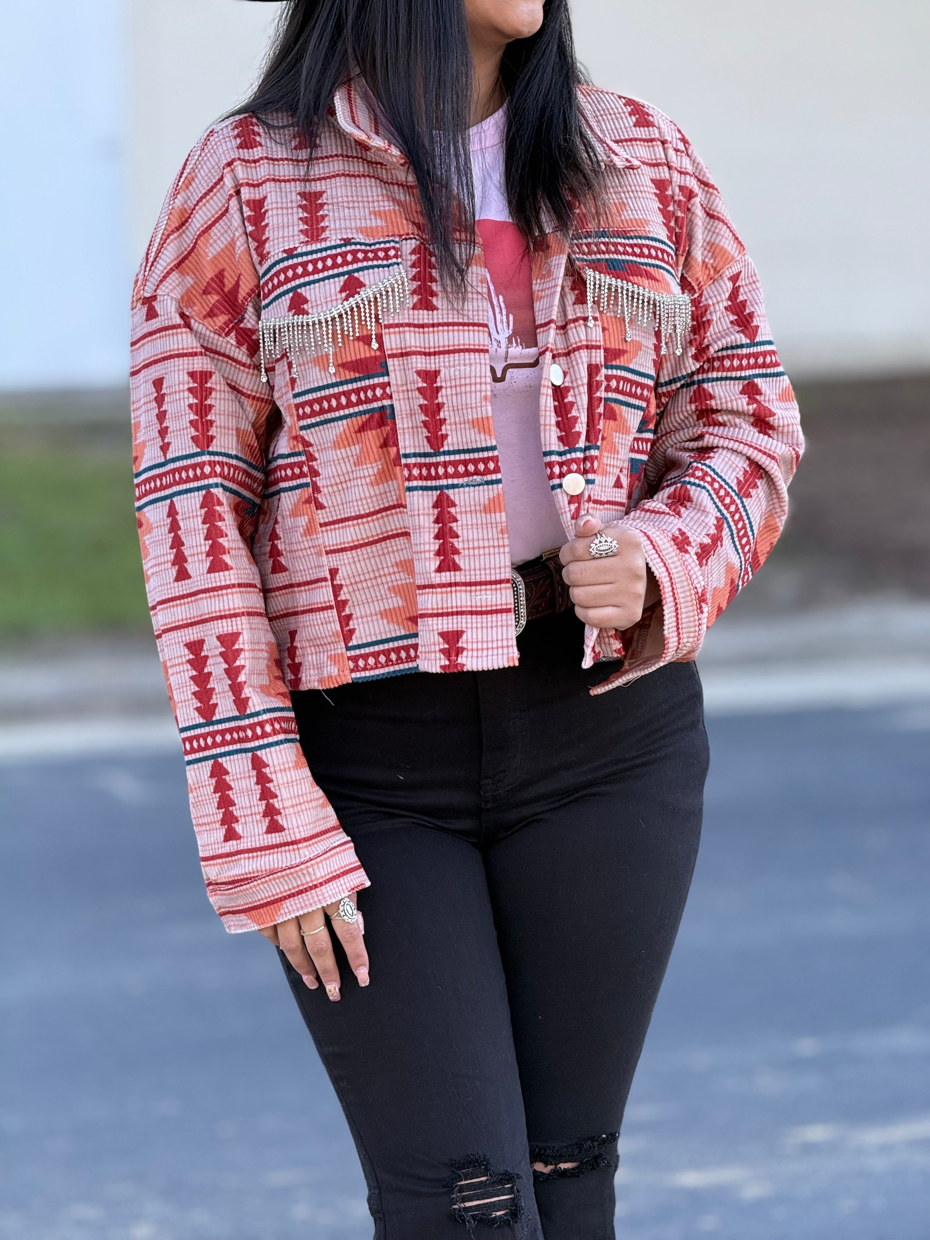 SAVANNA JANE ORANGE AZTEC CROPPED BUTTON UP