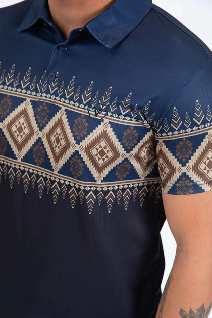 PLATINI MENS MODERN FIT STRETCH FOIL FASHION SHORT SLEEVE SHIRT AZTEC BLACK & BLUE PGP11447