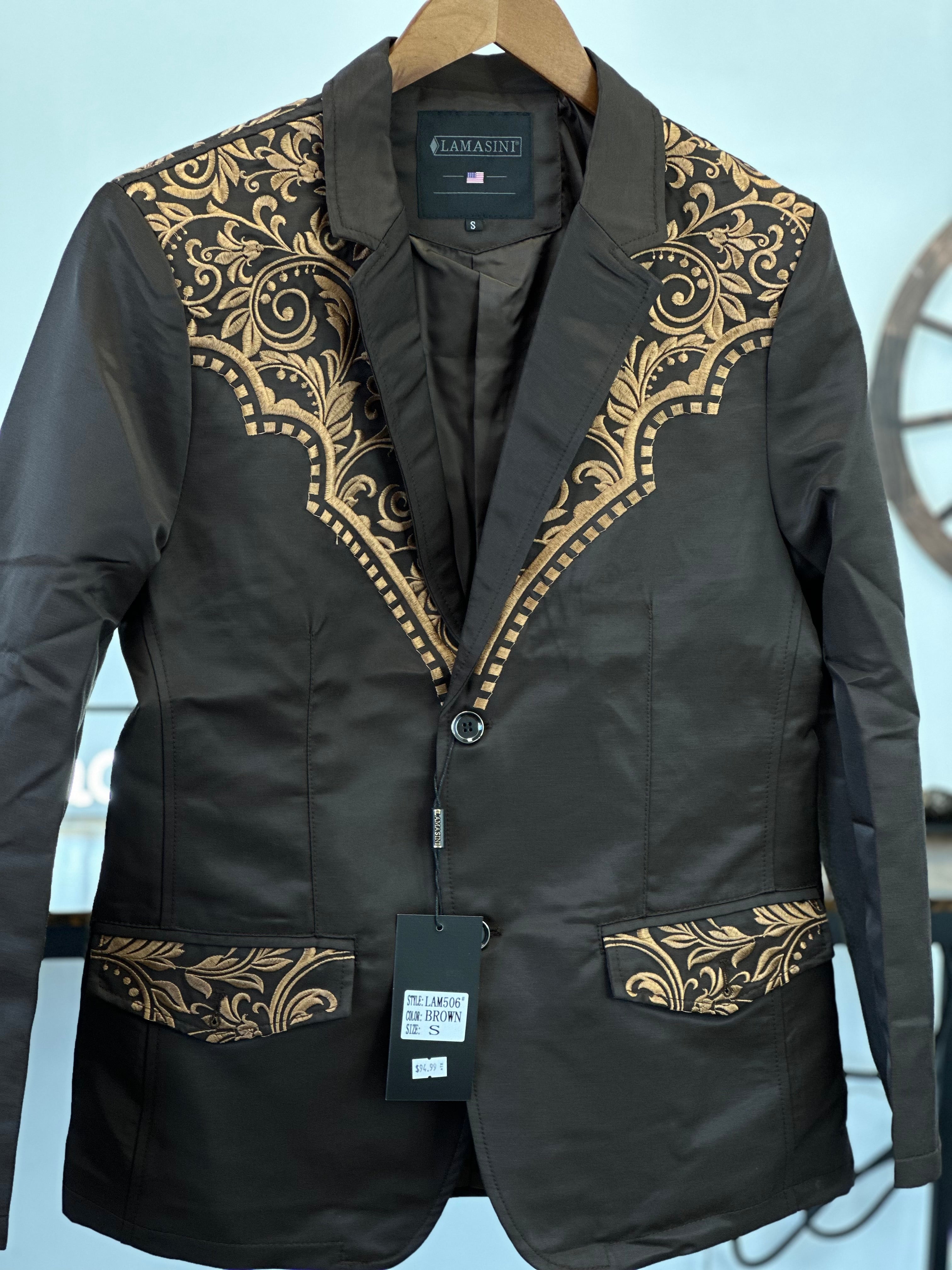 LAMASINI BROWN TAN EMBROIDERED BLAZER 2848