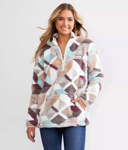 HOOEY LADIES CREAM PRINT FLEECE PULLOVER WITH WHITE COLLAR-HFP006CRPR