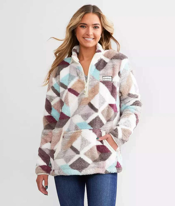 HOOEY LADIES SUDADERA DE FORRO POLAR ESTAMPADO CREMA CON CUELLO BLANCO-HFP006CRPR