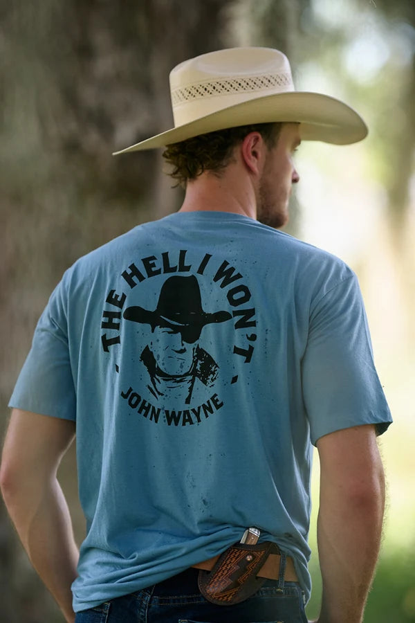 MEN HOOEY T-SHIRT DARK DENIM CREW NECK WITH JOHN WAYNE SAYING ON BACK- HT2658DKDE