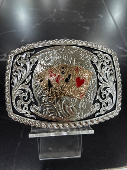 SILVER & BLACK ACES SQUARED BUCKLE