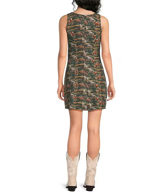 ROCK & ROLL WOMEN'S MOSS GREEN HORSE TAPESTRY DRESS - BWD0R08815