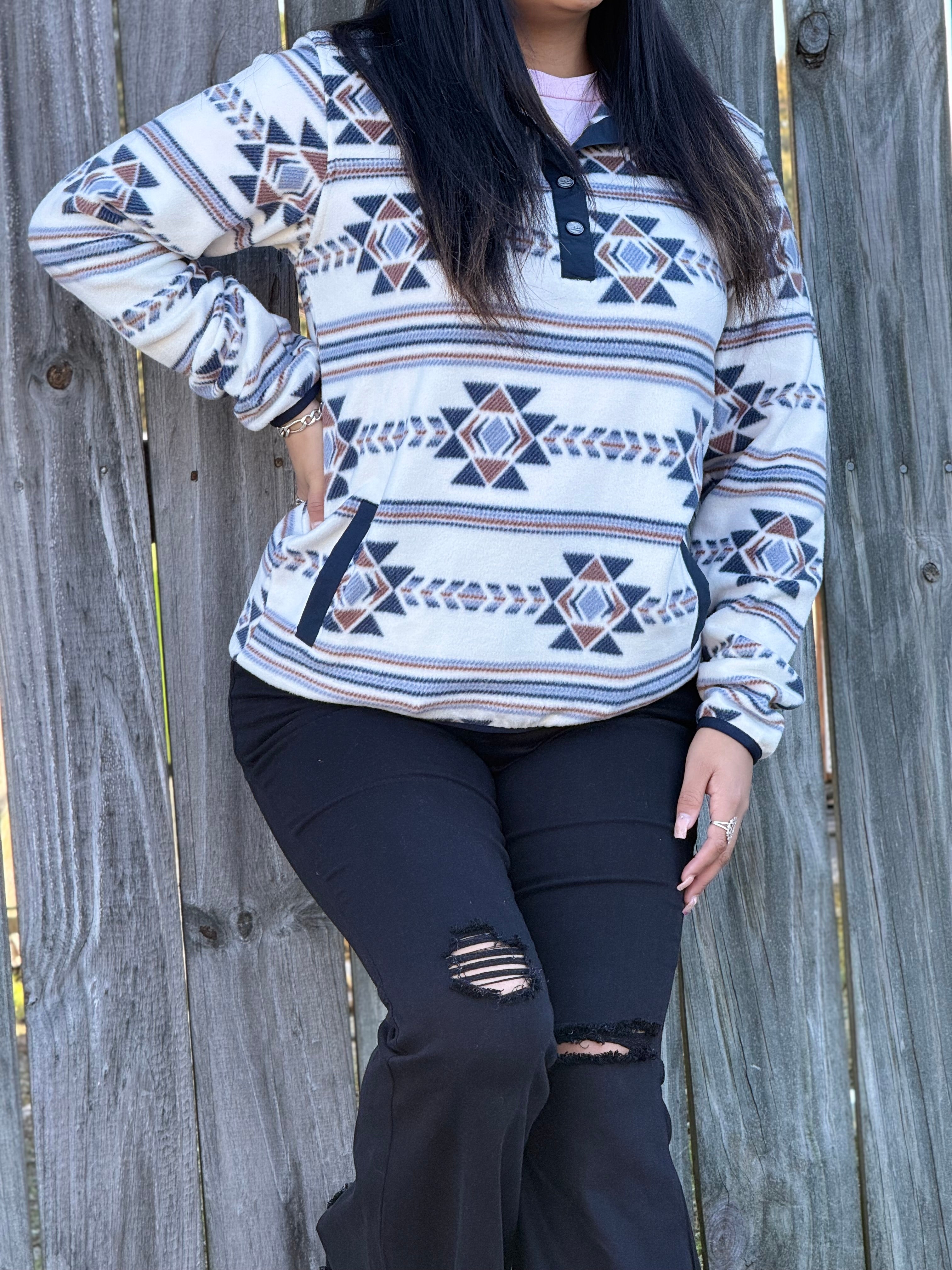 Cinch Womens Pullover Navy/Brown White & Aztec Pattern