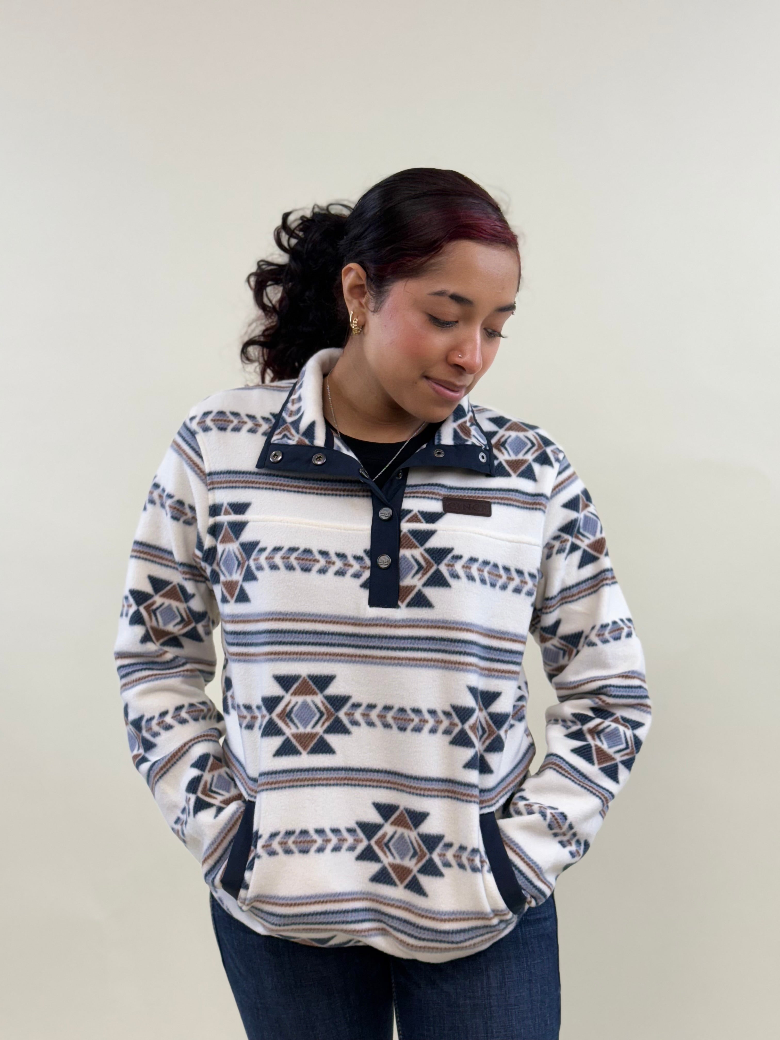 Cinch Womens Pullover Navy/Brown White & Aztec Pattern