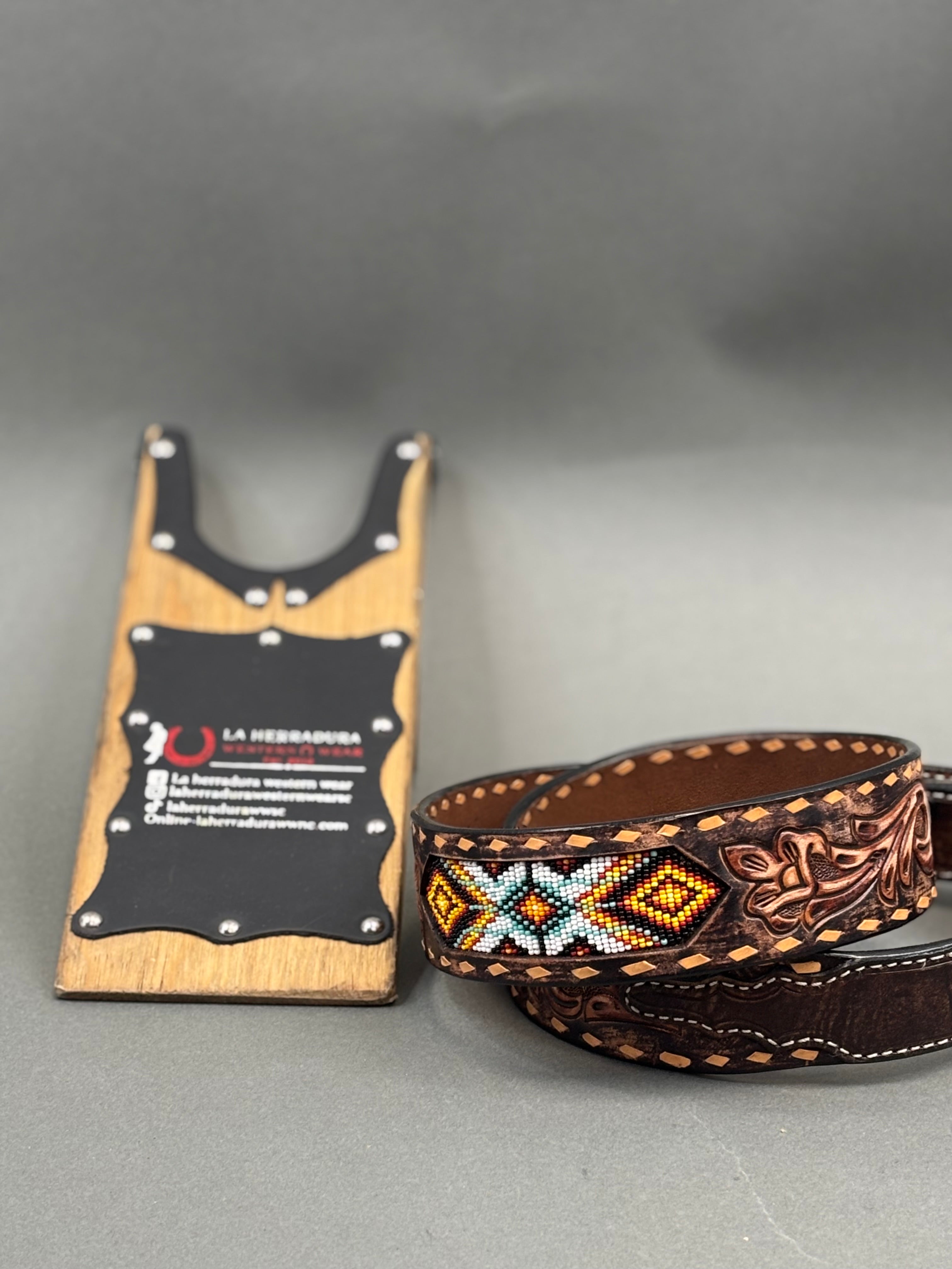 3D BROWN TOOLED AZTEC BEADED BELT