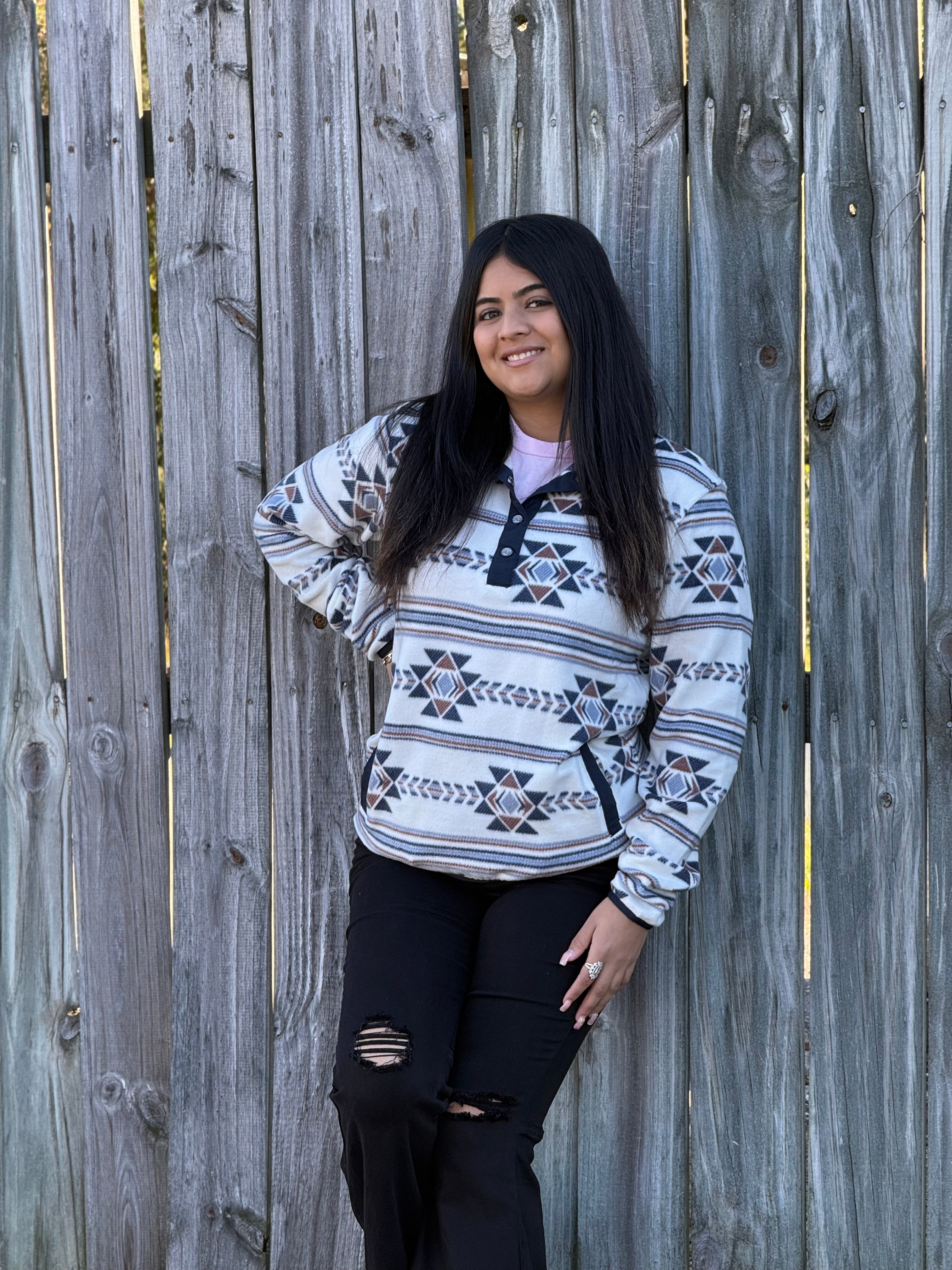 Cinch Womens Pullover Navy/Brown White & Aztec Pattern