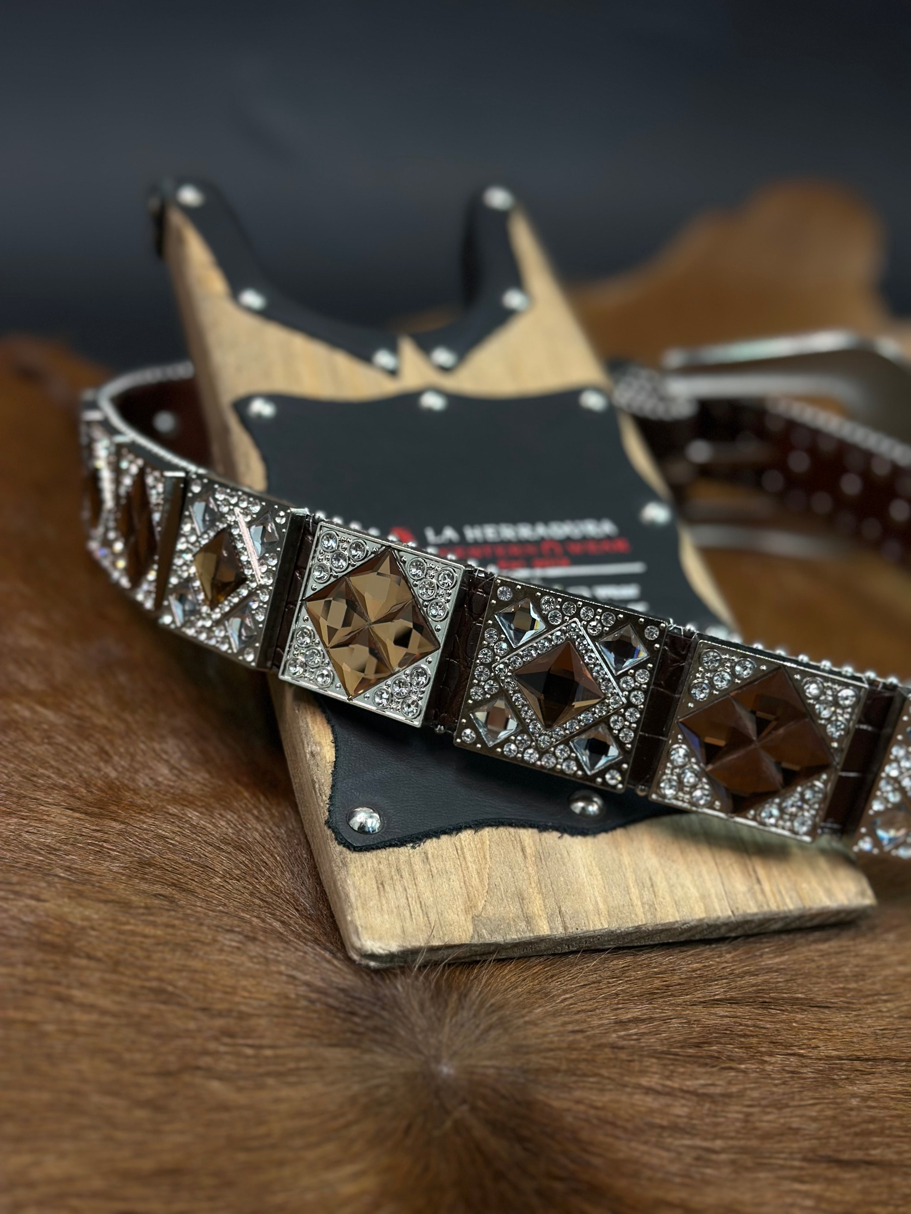UNISEX BROWN EXOTIC CLEAR BLING BELT SILVER BUCKLE